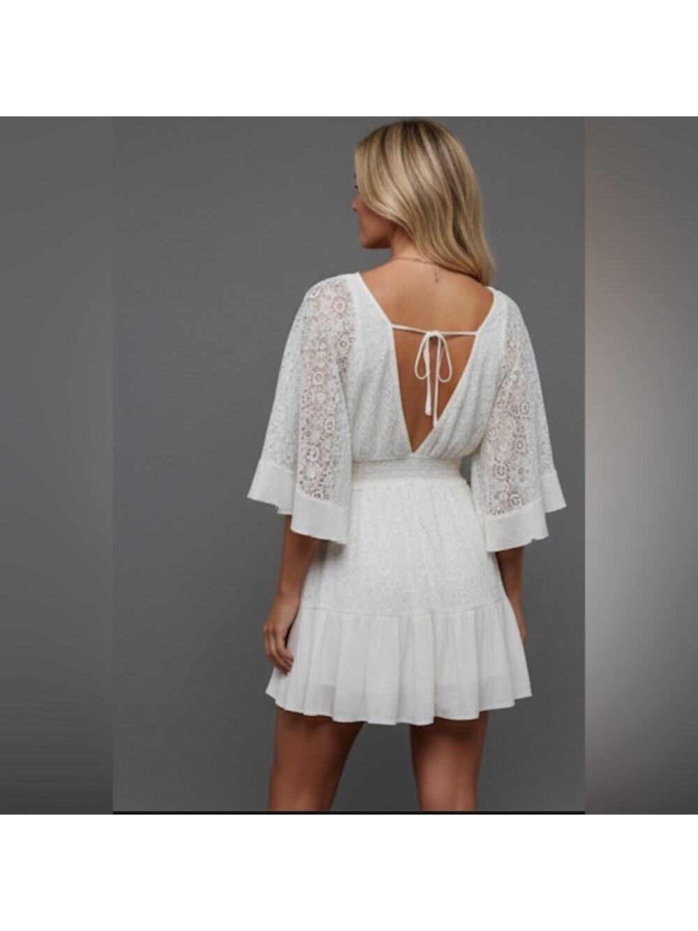 Boho Lace Batwing Sleeve Shirred Waist Dress - Picture 4 of 8